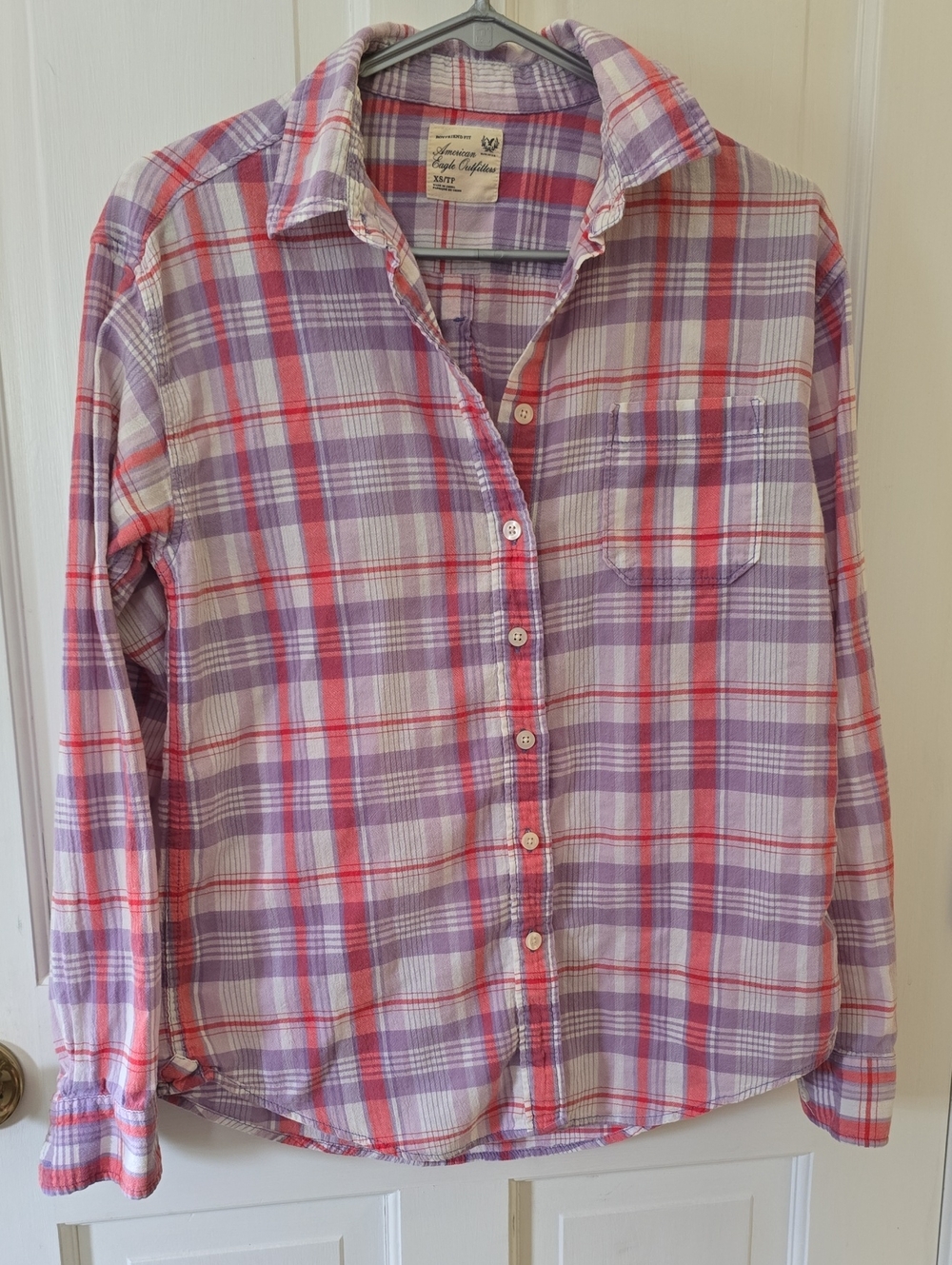 American Eagle Outfitters Purple and Pink Plaid Boyfriend Shirt